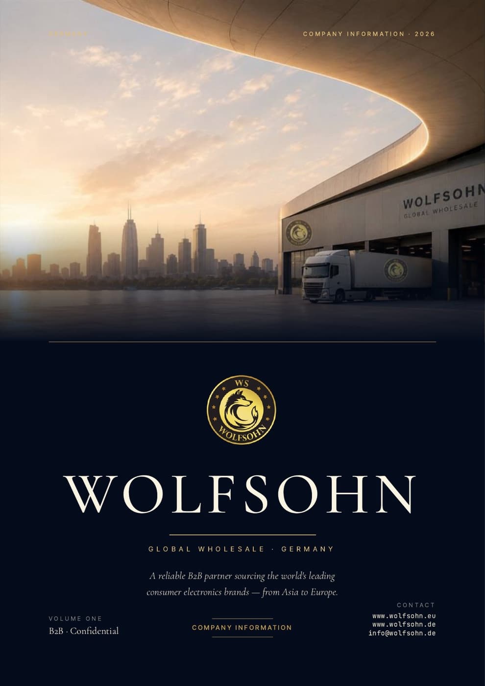 Cover of Wolfsohn Company Information, Volume One: the Wolfsohn emblem above a wholesale warehouse at sunrise