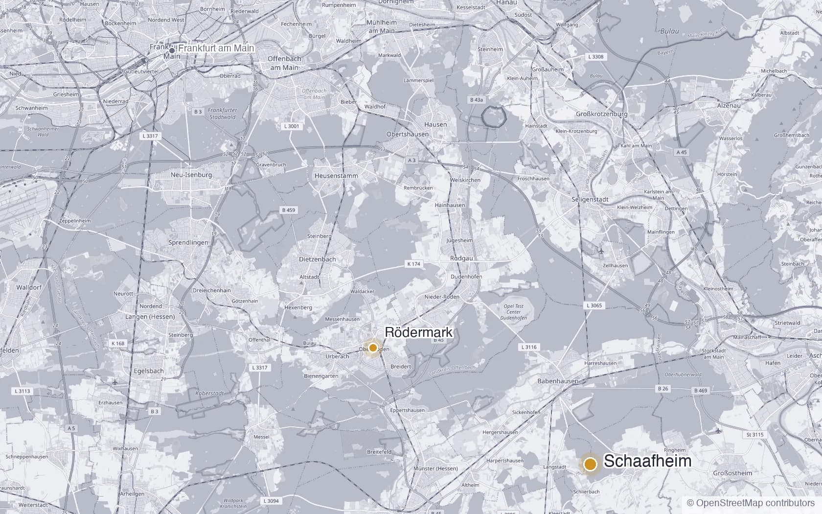 Map of the Rhine-Main region in Hessen showing the Wolfsohn headquarters in Schaafheim and the warehouse in Rödermark, southeast of Frankfurt am Main